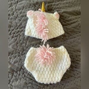 Unicorn Knit Hat Diaper Cover Set White and Pink baby photo shoot props newborn